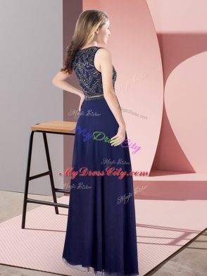 Navy Blue Chiffon Zipper Prom Evening Gown Sleeveless Floor Length Beading