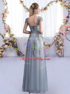 Floor Length Empire Cap Sleeves Grey Wedding Party Dress Lace Up