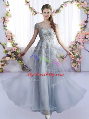 Floor Length Empire Cap Sleeves Grey Wedding Party Dress Lace Up