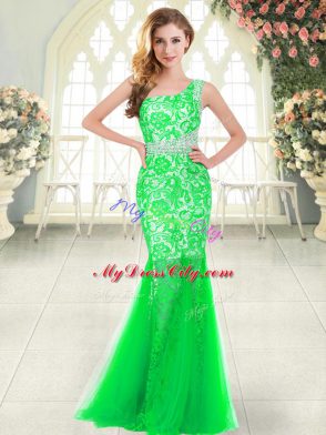 Dramatic Green Tulle Zipper One Shoulder Sleeveless Floor Length Homecoming Dress Beading and Lace