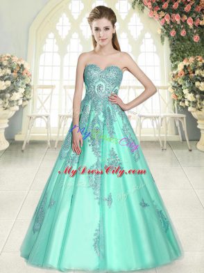 Latest Sweetheart Sleeveless Tulle Prom Gown Appliques Lace Up