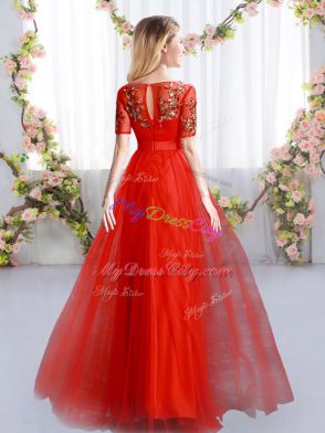 Modest Floor Length Red Dama Dress for Quinceanera Tulle Short Sleeves Appliques