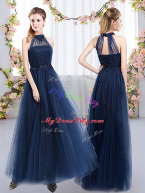 High-neck Sleeveless Tulle Bridesmaid Dresses Appliques Lace Up