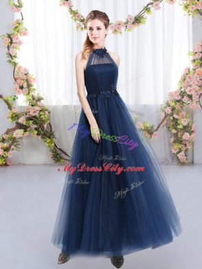 High-neck Sleeveless Tulle Bridesmaid Dresses Appliques Lace Up