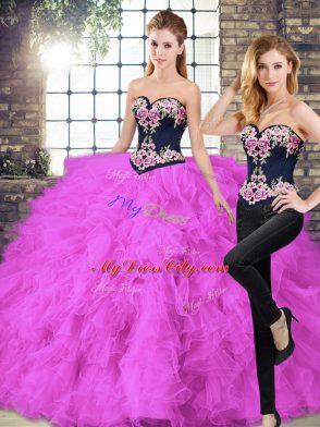 Exquisite Fuchsia Lace Up Sweetheart Beading and Embroidery Sweet 16 Dresses Tulle Sleeveless