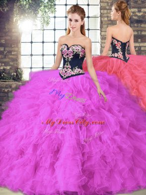 Exquisite Fuchsia Lace Up Sweetheart Beading and Embroidery Sweet 16 Dresses Tulle Sleeveless