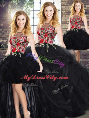 Sleeveless Zipper Floor Length Embroidery and Ruffles Quinceanera Dresses