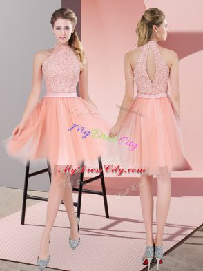 Fine Knee Length Zipper Dress for Prom Peach for Prom and Party with Beading