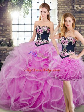 Lace Up Quinceanera Dresses Lilac for Military Ball and Sweet 16 and Quinceanera with Beading and Embroidery and Ruffles Sweep Train