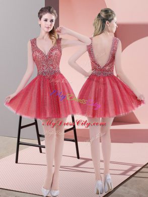 Simple Watermelon Red A-line Beading Evening Dress Backless Tulle Sleeveless Mini Length