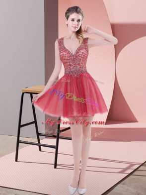 Simple Watermelon Red A-line Beading Evening Dress Backless Tulle Sleeveless Mini Length