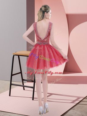 Simple Watermelon Red A-line Beading Evening Dress Backless Tulle Sleeveless Mini Length