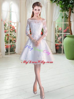 White Half Sleeves Knee Length Lace and Appliques Lace Up Evening Dress