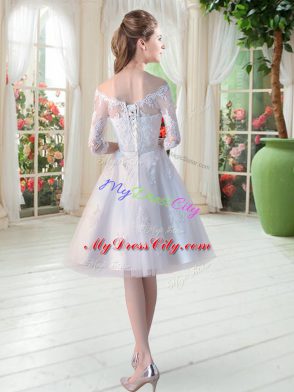 White Half Sleeves Knee Length Lace and Appliques Lace Up Evening Dress