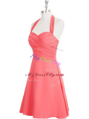 Watermelon Red Sleeveless Mini Length Ruching Zipper Prom Gown