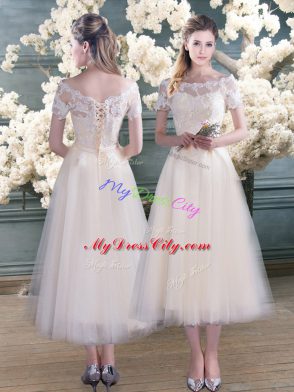 Tea Length A-line Short Sleeves White Prom Dress Lace Up