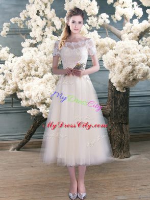 Tea Length A-line Short Sleeves White Prom Dress Lace Up