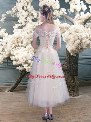 Tea Length A-line Short Sleeves White Prom Dress Lace Up