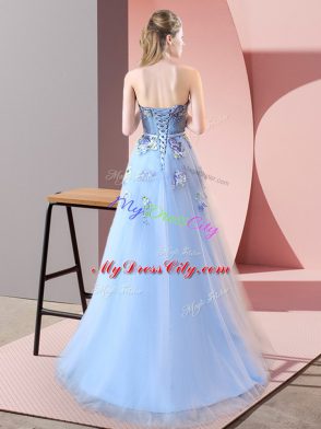 Yellow Green A-line Appliques Prom Party Dress Lace Up Tulle Sleeveless Floor Length