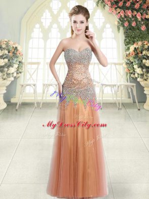 Decent Sleeveless Tulle Floor Length Zipper Prom Dress in Orange with Beading