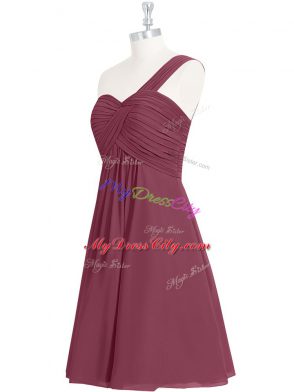 Burgundy Chiffon Zipper One Shoulder Sleeveless Knee Length Prom Dress Ruching