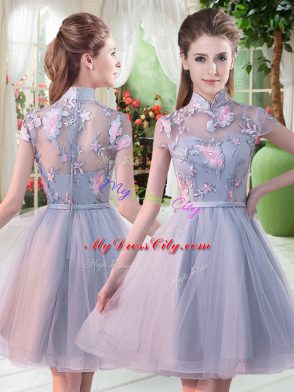 Sumptuous Knee Length Grey Prom Evening Gown Tulle Short Sleeves Appliques