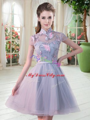 Sumptuous Knee Length Grey Prom Evening Gown Tulle Short Sleeves Appliques