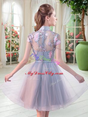 Sumptuous Knee Length Grey Prom Evening Gown Tulle Short Sleeves Appliques