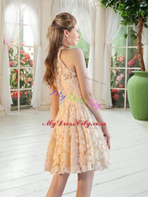 High-neck Sleeveless Prom Party Dress Mini Length Lace Champagne