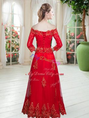 Tulle Lace Up Prom Dresses 3 4 Length Sleeve Floor Length Lace