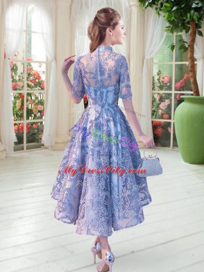 Luxurious High Low Lace Up Evening Dress Blue for Prom with Appliques