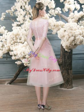 Lace Prom Evening Gown Pink Zipper Half Sleeves Tea Length