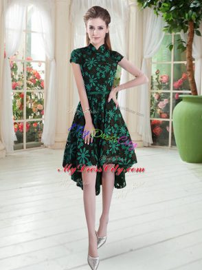 High Low A-line Short Sleeves Green Dress for Prom Zipper