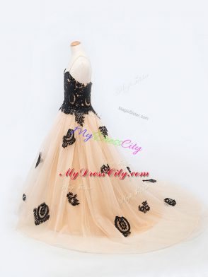 Enchanting Peach Glitz Pageant Dress Tulle Brush Train Sleeveless Appliques