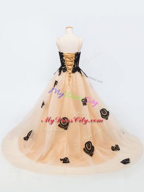 Enchanting Peach Glitz Pageant Dress Tulle Brush Train Sleeveless Appliques