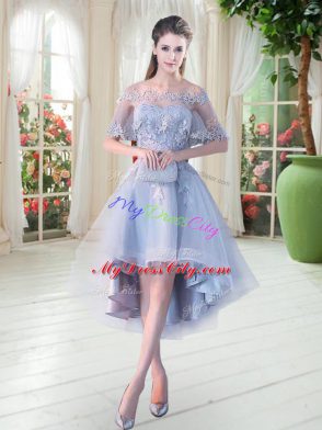 Light Blue Prom Dress Prom and Party with Appliques Off The Shoulder Half Sleeves Lace Up