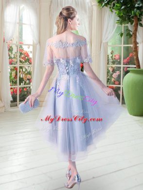 Light Blue Prom Dress Prom and Party with Appliques Off The Shoulder Half Sleeves Lace Up