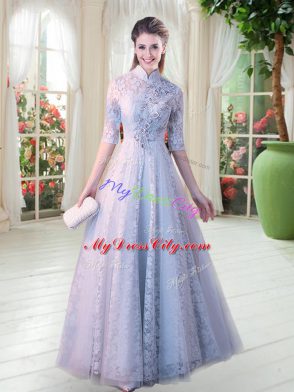 Gorgeous Floor Length Grey Dress for Prom Lace Half Sleeves Beading