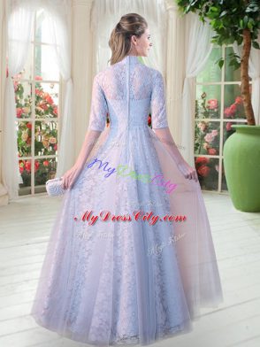 Gorgeous Floor Length Grey Dress for Prom Lace Half Sleeves Beading