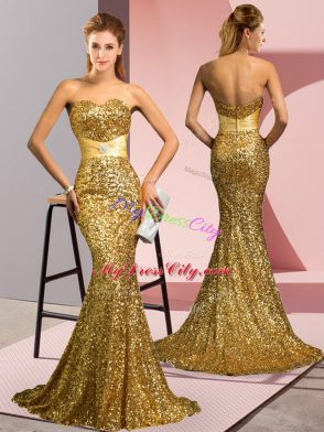 Sweep Train Mermaid Evening Dress Gold Sweetheart Sequined Sleeveless Zipper