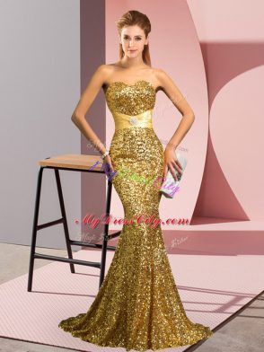 Sweep Train Mermaid Evening Dress Gold Sweetheart Sequined Sleeveless Zipper