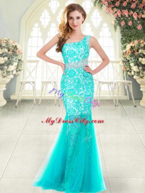 Aqua Blue Prom Gown Prom and Party with Beading and Lace One Shoulder Sleeveless Zipper