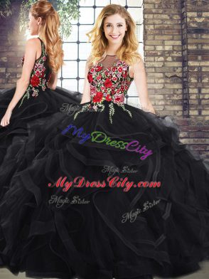Designer Sleeveless Floor Length Embroidery and Ruffles Zipper Quince Ball Gowns with Black