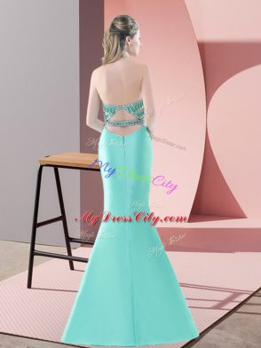 Lovely Blue and Apple Green Two Pieces Satin Halter Top Sleeveless Beading Backless Prom Evening Gown Sweep Train