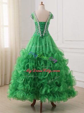 Cheap Cap Sleeves Organza Floor Length Lace Up Custom Made Pageant Dress in Green with Beading and Ruffles