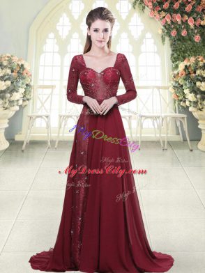 Burgundy Prom Dresses Sweetheart Long Sleeves Brush Train Zipper