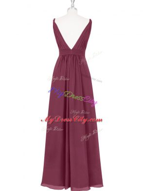 Floor Length Burgundy Homecoming Dress V-neck Sleeveless Backless