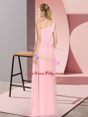 One Shoulder Sleeveless Chiffon Prom Evening Gown Ruching Lace Up