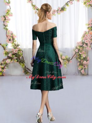 Lovely Off The Shoulder Short Sleeves Court Dresses for Sweet 16 Dark Green Lace