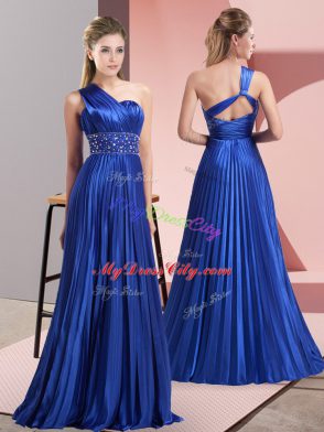 Sleeveless Floor Length Beading and Ruching Backless Evening Dress with Royal Blue